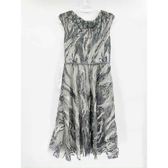 Mac Duggal 67495 Graphite Beaded Jewel Neck Tea Length Dress Size 8 - Picture 5 of 7